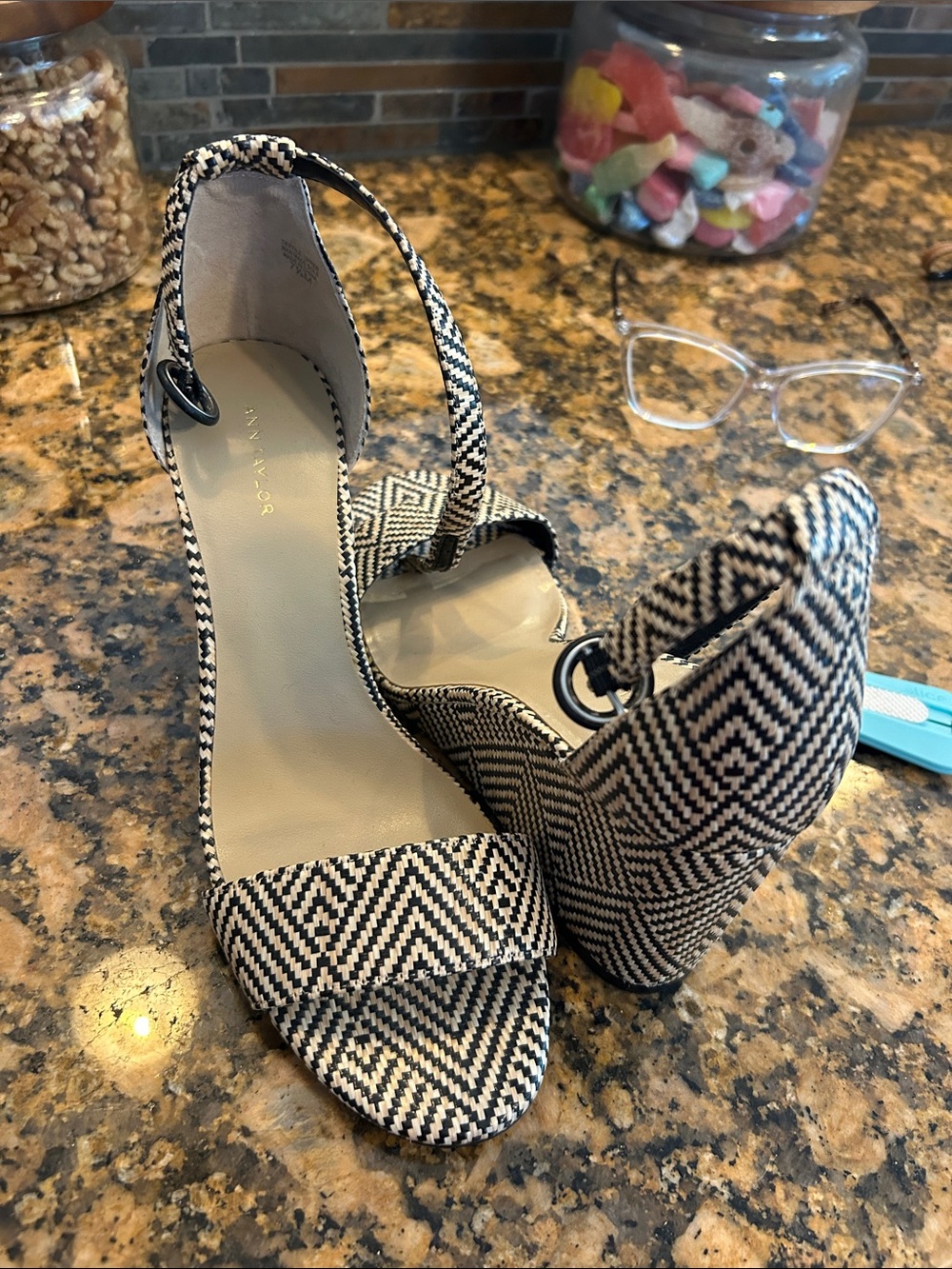 Ann Taylor Black and White Geometric Ankle-Strap Heels